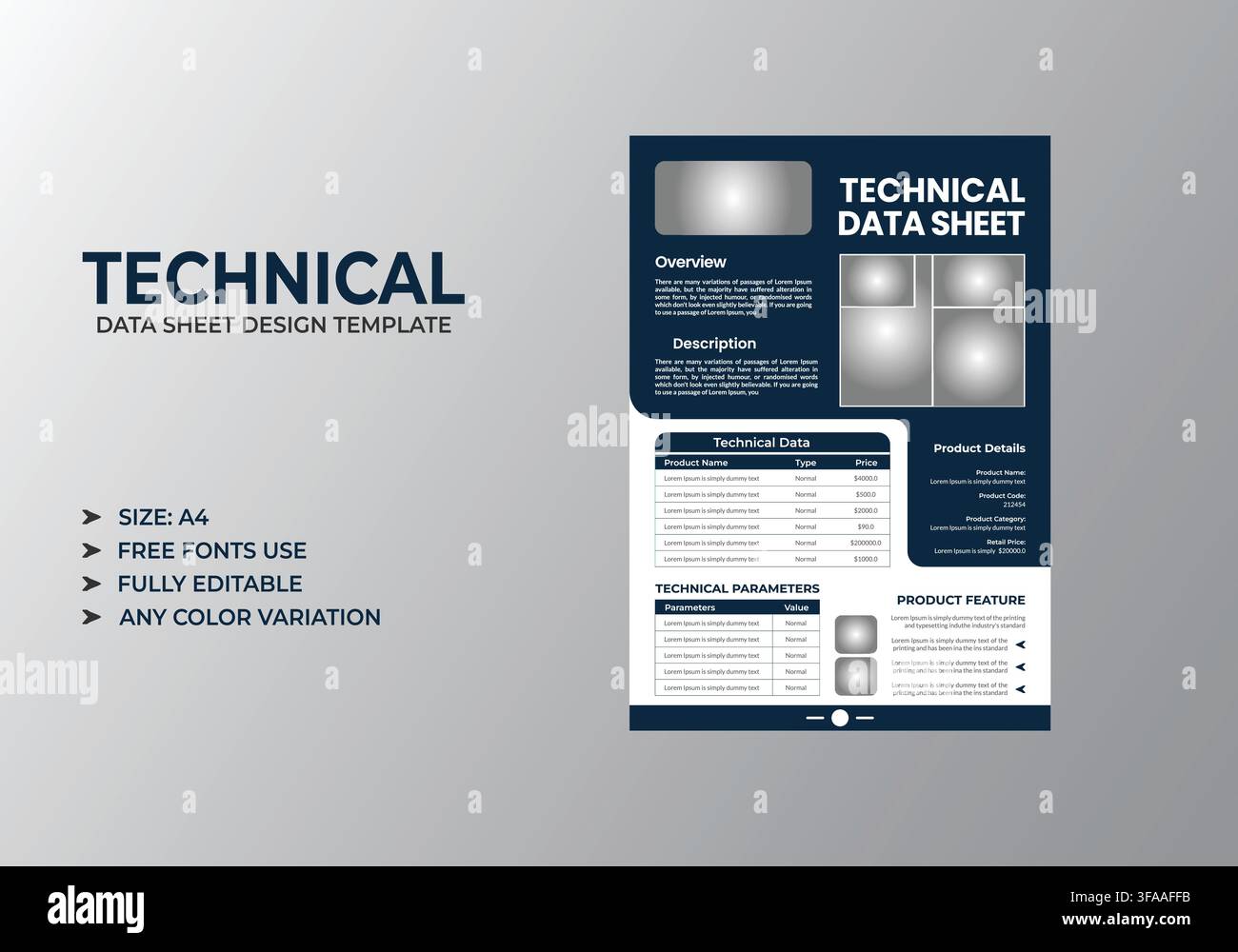 Modern Technical Data Sheet Template with Product Stock Vector