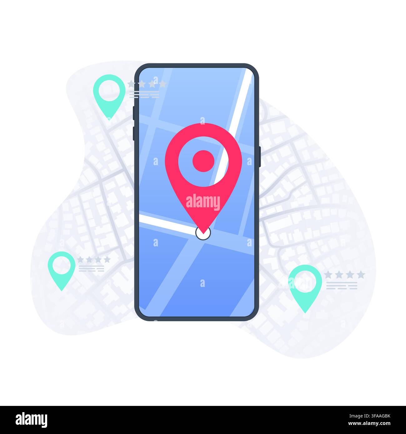 Online mobile application for navigation. Smartphone, road on the screen and big pin. Location with GPS map. Vector illustration with city map Stock Vector