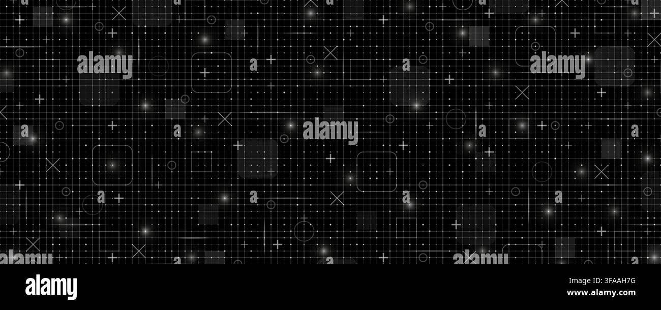 Black and white fui HUD grid background. Hi tech GUI digital dashboard interface. Futuristic VR game ai screen. Mesh pattern in blueprint style. Vecto Stock Vector
