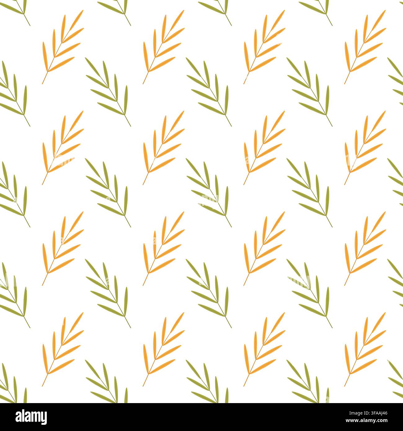 Seamless botanical pattern with alternating green and orange stylized leafy branches arranged diagonally on a white background Stock Vector