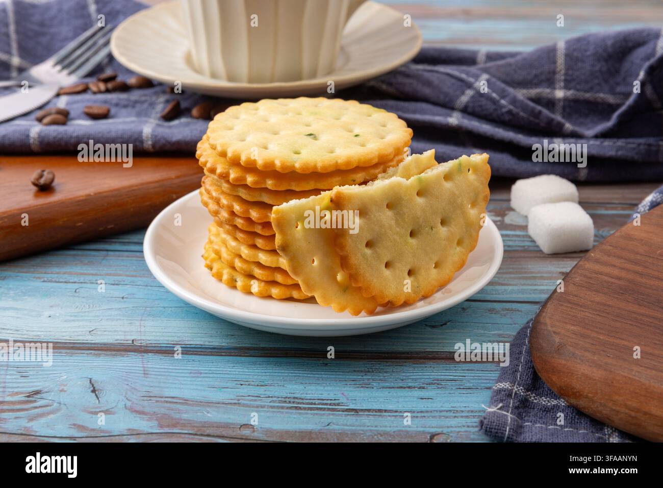 Round Scallion Seasoned Salted Crackers Stack Stock Photo