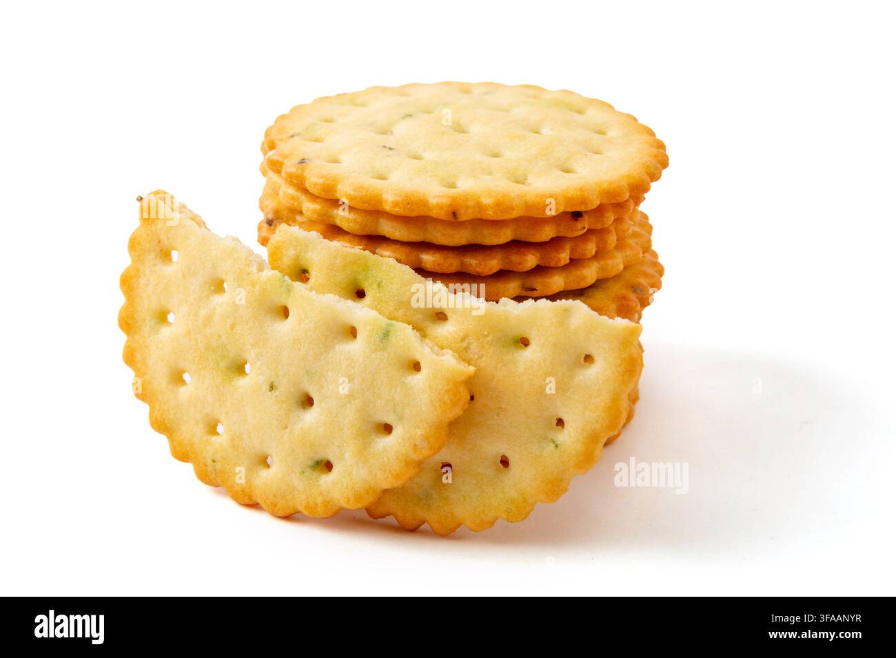 Round Scallion Seasoned Salted Crackers Stack Stock Photo