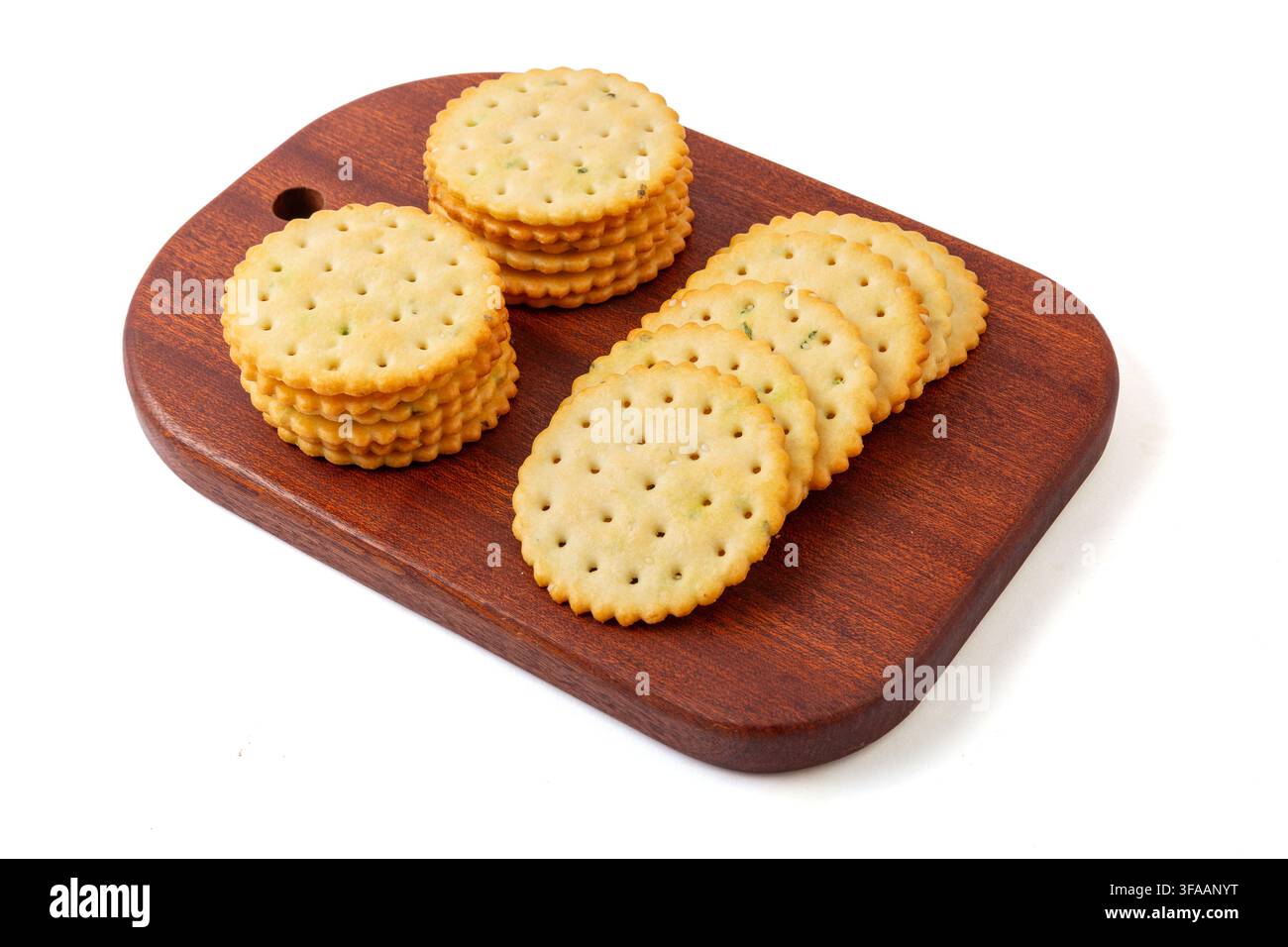 Round Scallion Seasoned Salted Crackers Stack Stock Photo