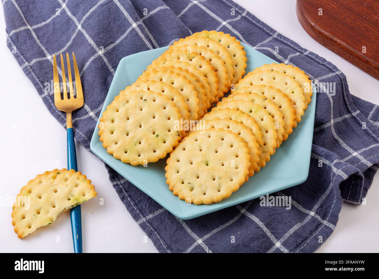 Round Scallion Seasoned Salted Crackers Stack Stock Photo