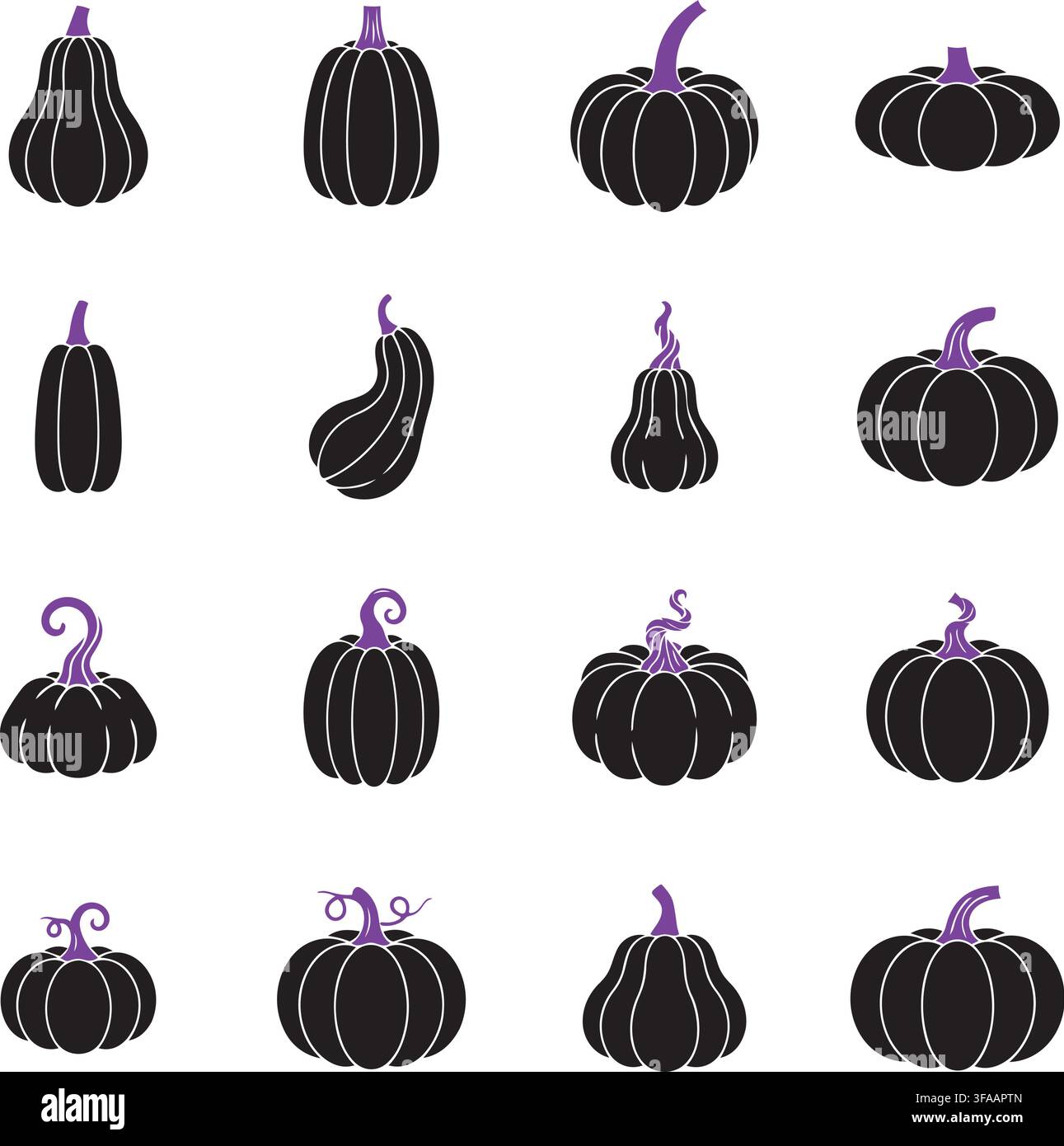 Set of 16 black pumpkin silhouettes with purple stems, vector gourd and squash icons isolated on white, Halloween and autumn harvest design elements Stock Vector