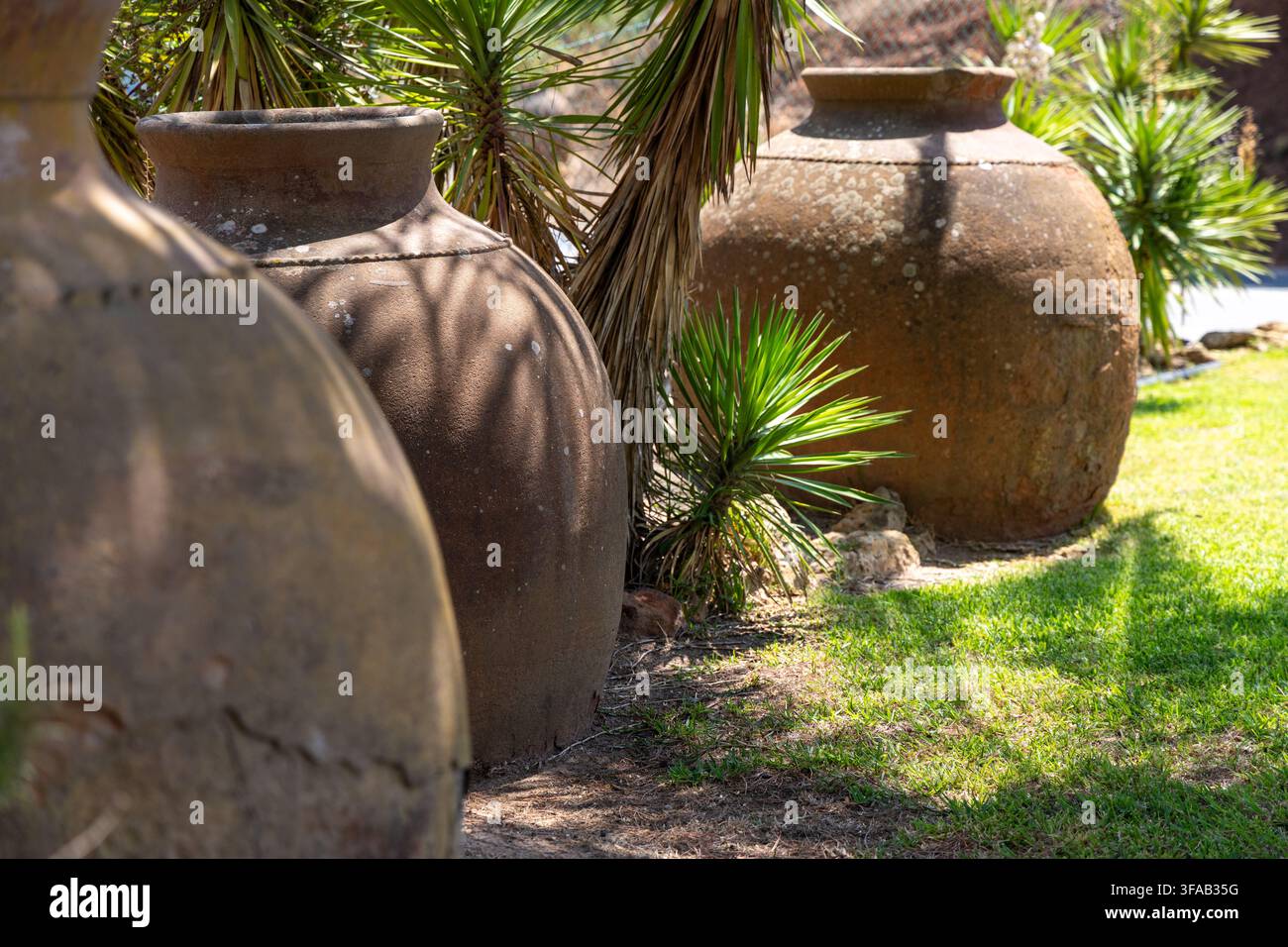 Three weathered terracotta pots with textured surfaces sit in a garden setting, casting shadows on the vibrant green lawn and surrounding foliage Stock Photo