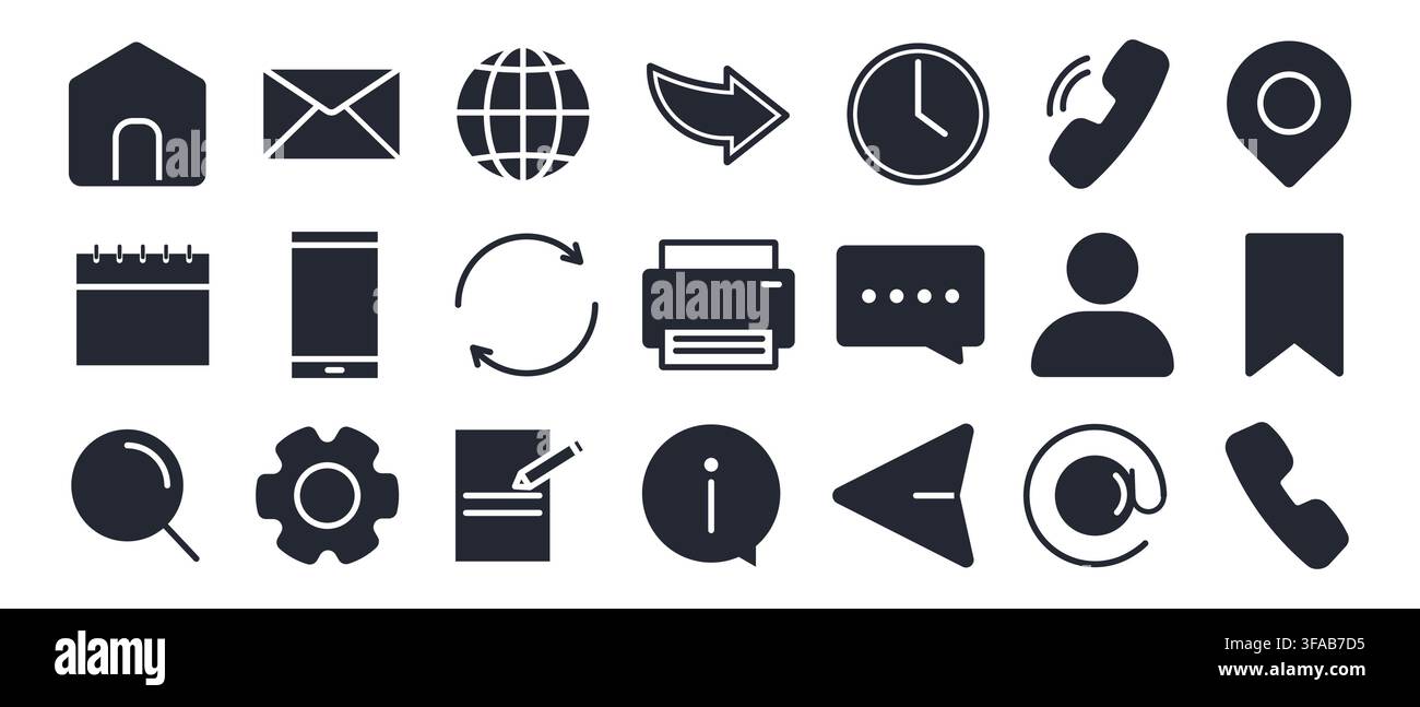 Contact phone icon featuring phone, email, and web symbols. Modern line pictograms for business communication, address details, and location Stock Vector