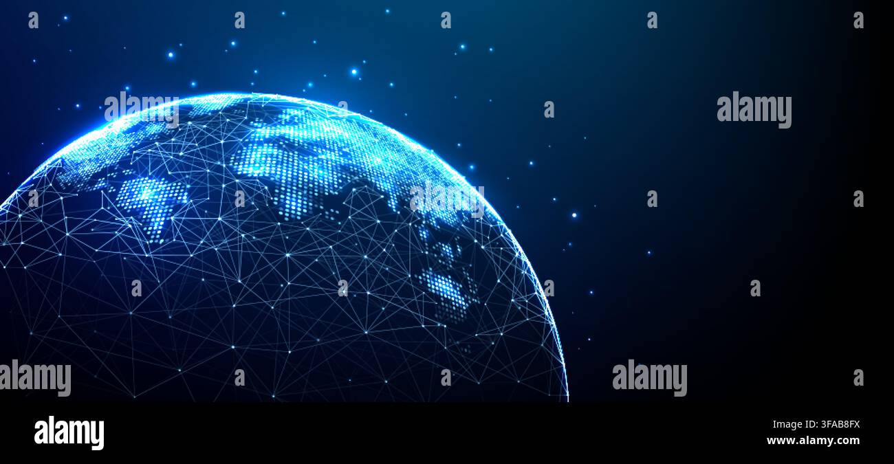 Global network visualization with glowing blue dots and lines forming Earth's sphere. Stock Vector