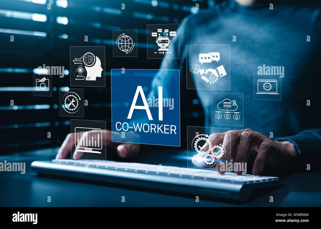 AI coworker and workplace automation concept. professional using computer with icon for chatbot, machine learning, cloud system, analytics, collaborat Stock Photo