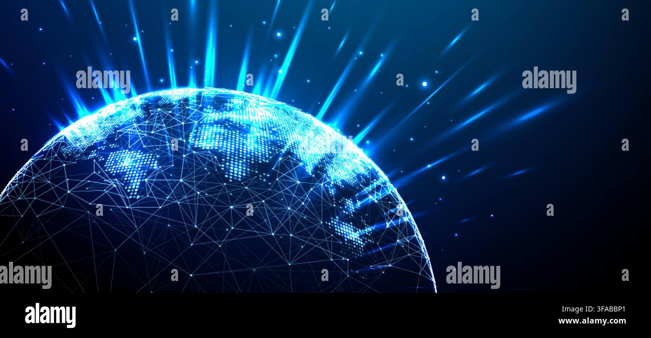 Global network visualization with glowing digital world map. Stock Vector