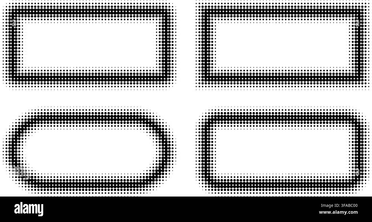 Rectangle halftone frames with comic style dots. Black and white vignette borders create retro graphic elements perfect for creative overlay designs. Stock Vector