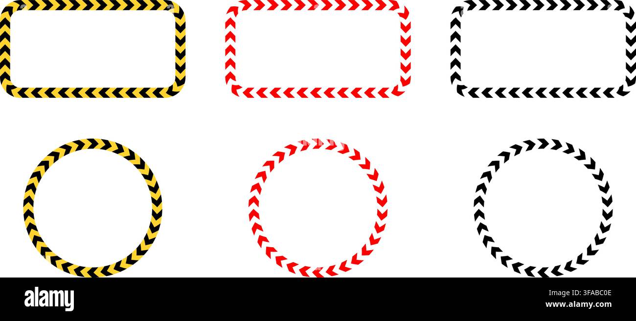 Circle and rectangle borders with chevron arrows create dynamic warning frames. Bold yellow and red stripes form attention grabbing patterns for safety indicators and caution signs. Stock Vector