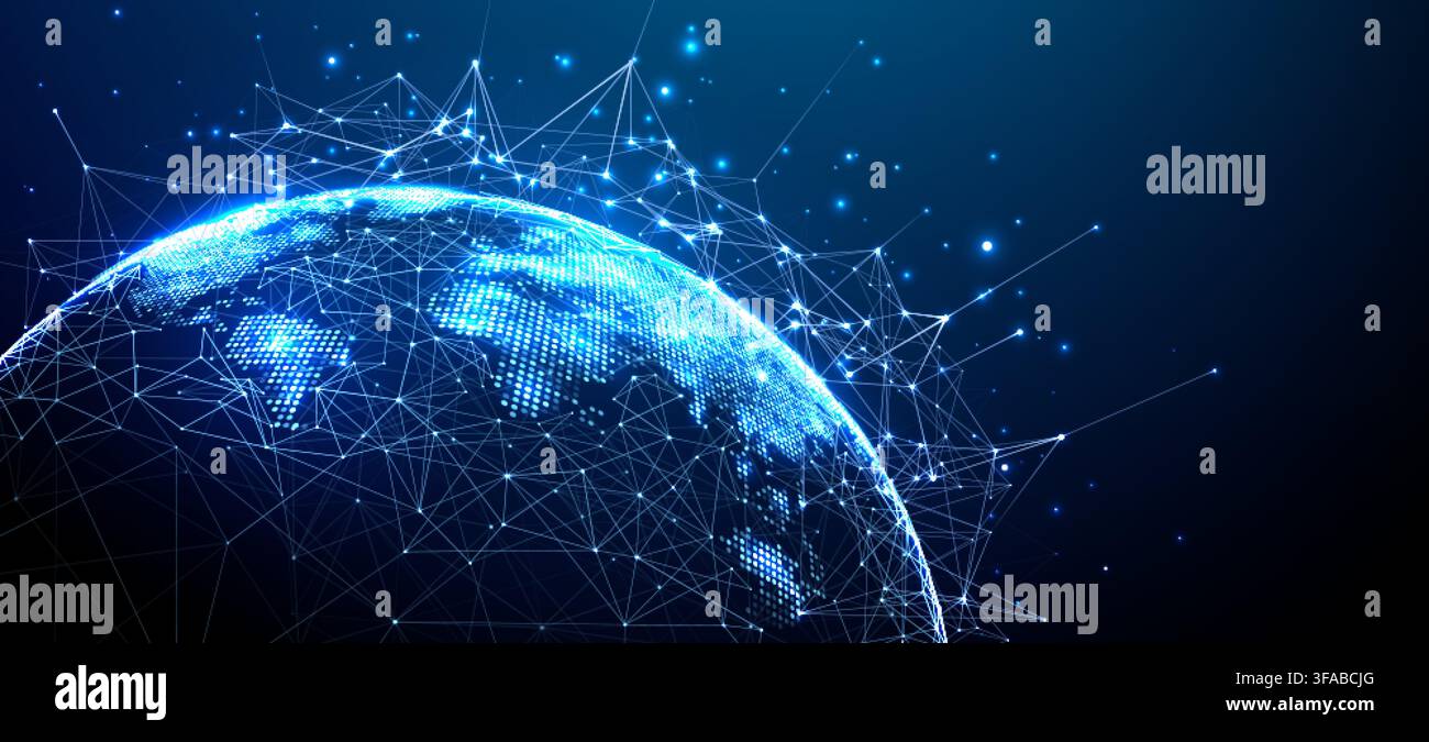 Global network visualization with connected dots and polygons forming a digital world map. Stock Vector