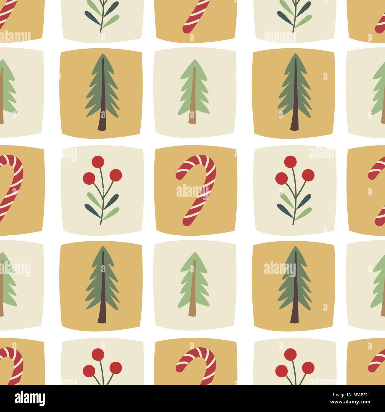 Christmas seamless pattern tree candy cane berry background vector template wrapping paper design Stock Vector