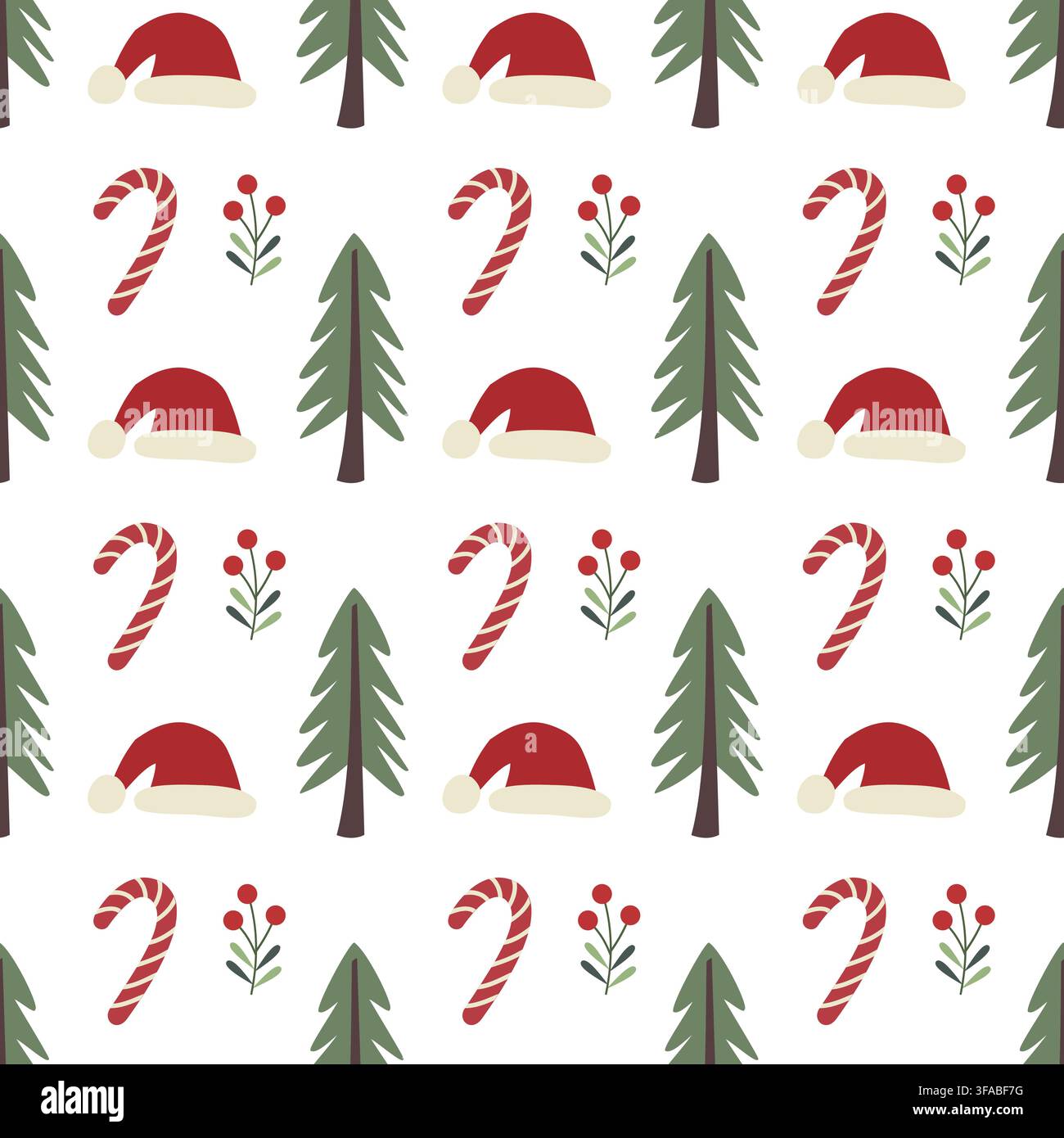 Christmas seamless pattern with santa hat pine tree and candy cane Stock Vector