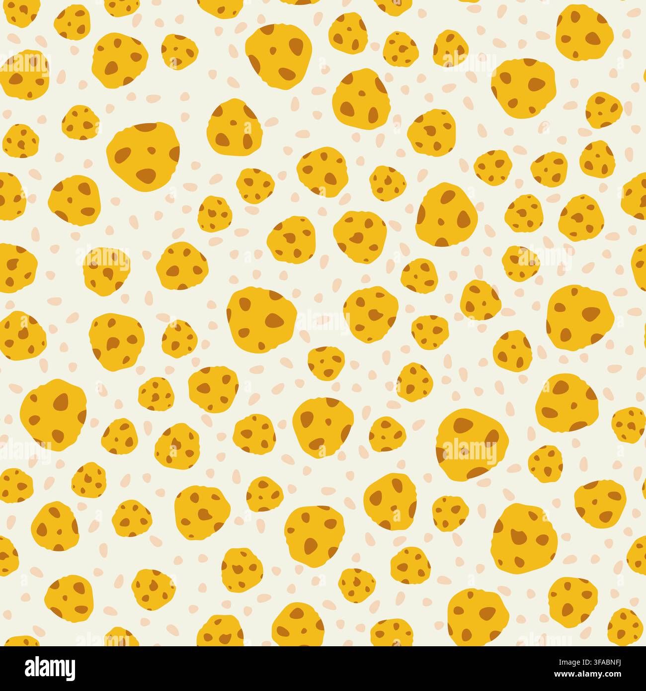 Seamless pattern of cookies with chocolate chips or nuts. Crumbs from cookies. Chaotic location Stock Vector