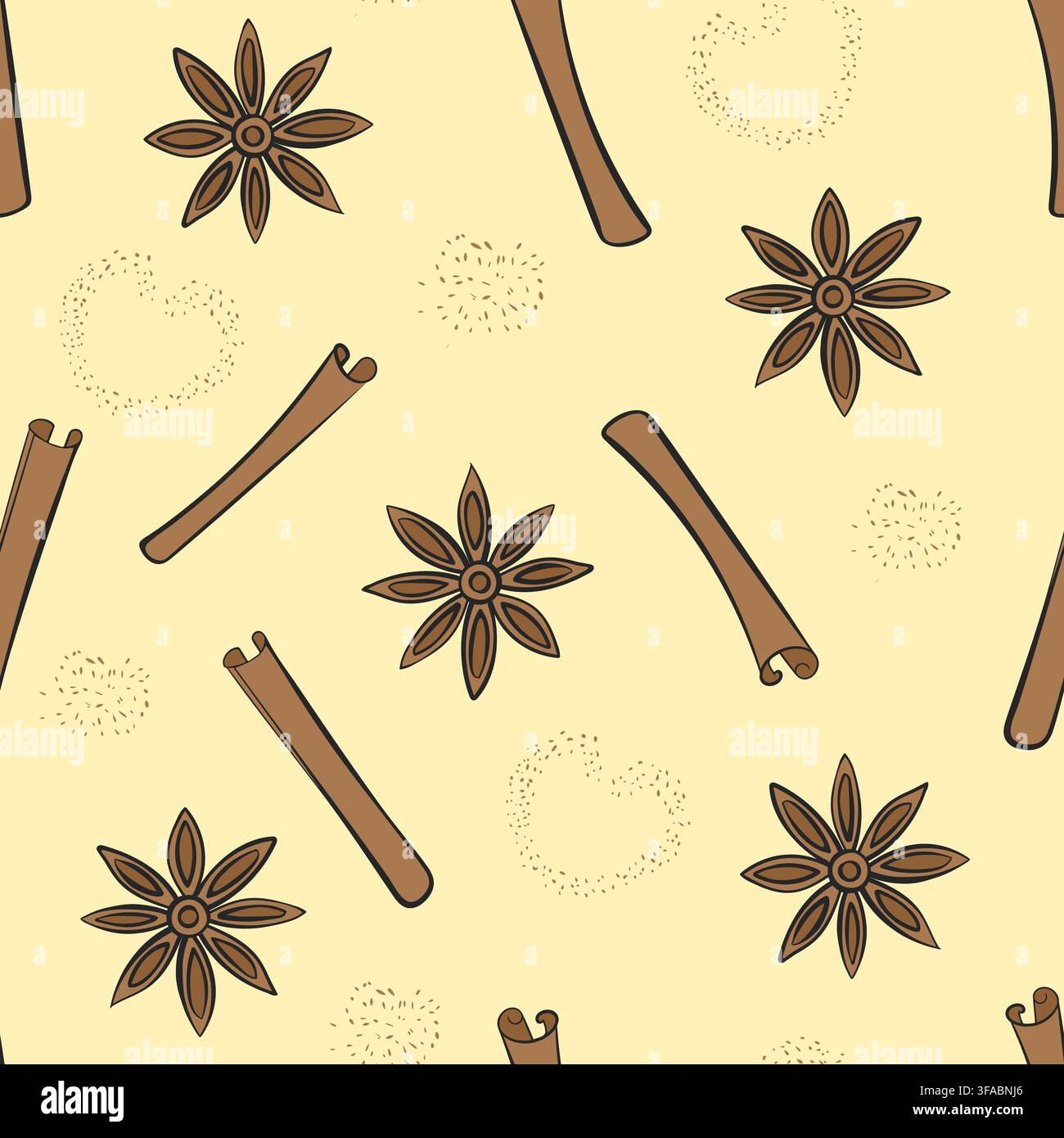 Seamless pattern of cinnamon sticks, star anise and cinnamon powder. Doodle style Stock Vector