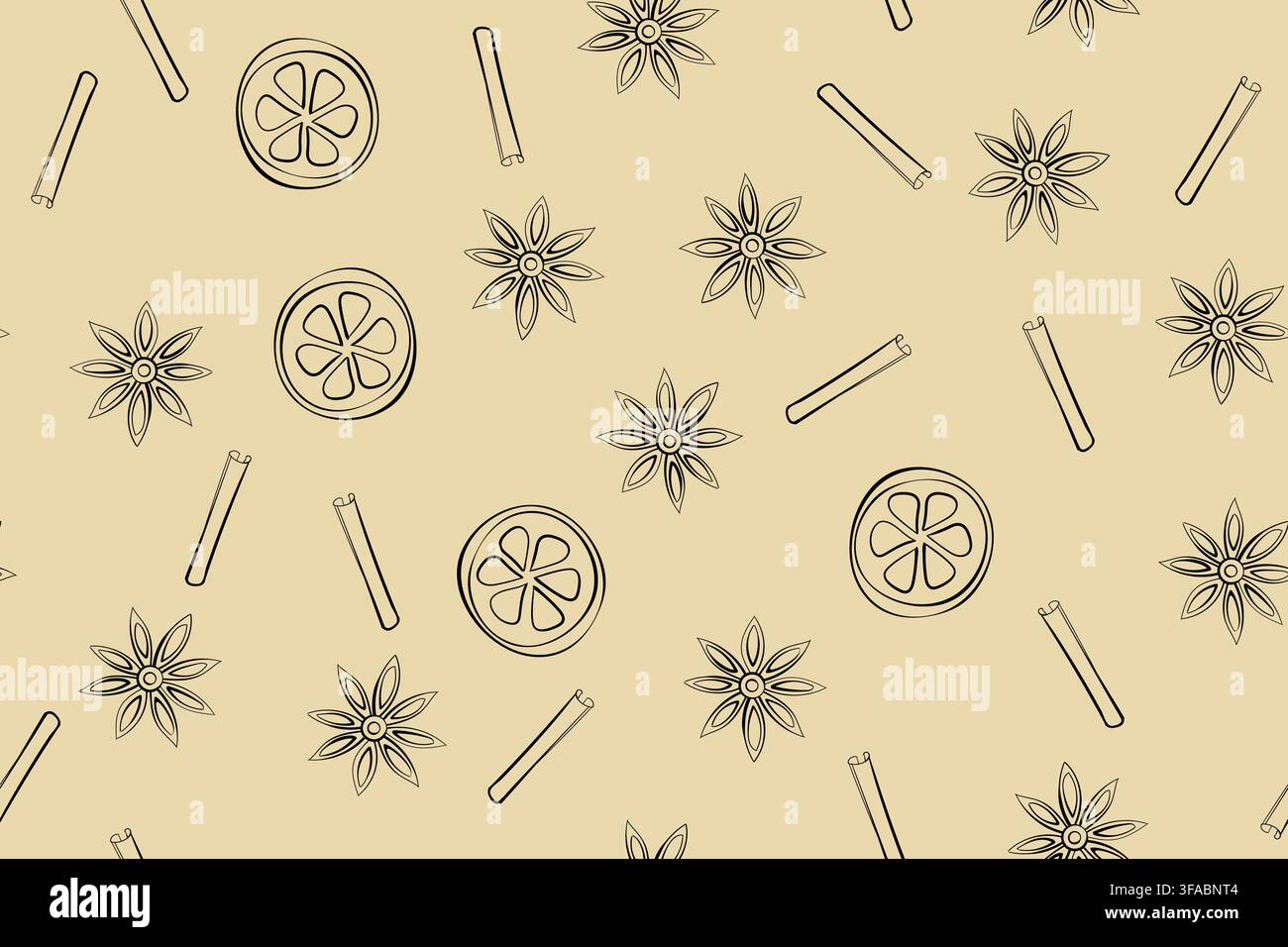 A piece of orange, star anise and a cinnamon stick. Seamless pattern in sketching style.  Stock Vector