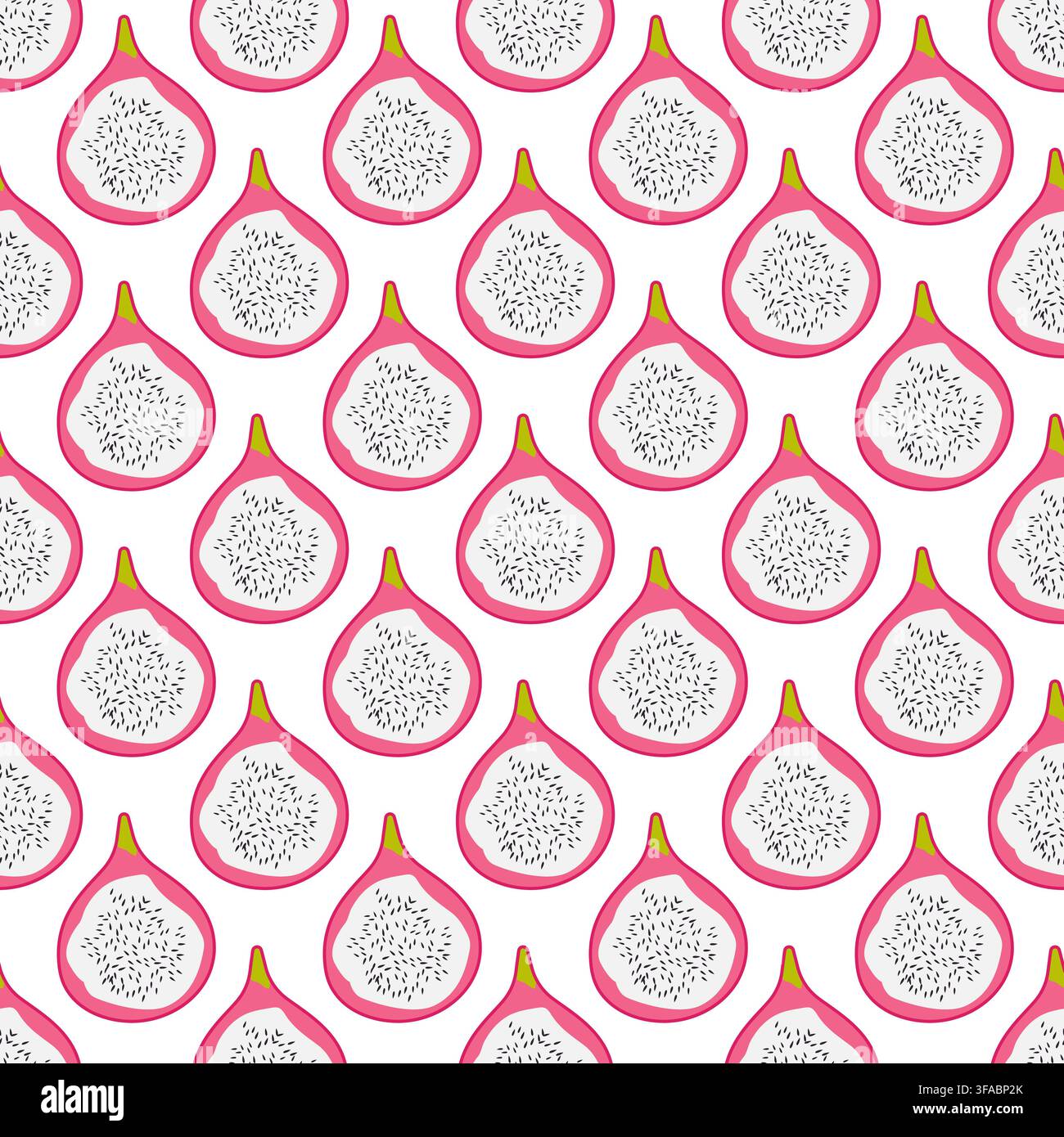 Dragonfruit pattern. Tropical exotic fruit. Half Pink Pitaya with sweet white flesh. Vegan food. Print Dragon Fruit Stock Vector