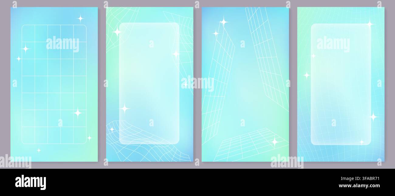 Y2K Blue And Green Gradient Backgrounds Set with Wireframe Grids Sparkles and Glass Text Box Stock Vector