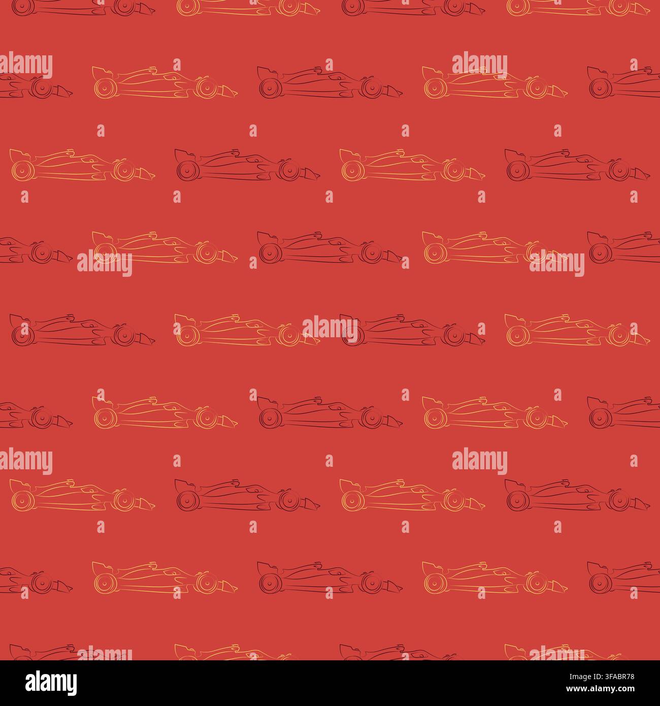 Seamless pattern of Formula 1 contour racing car on a red background. Sports red and yellow cars in a row. Side view. Stock Vector