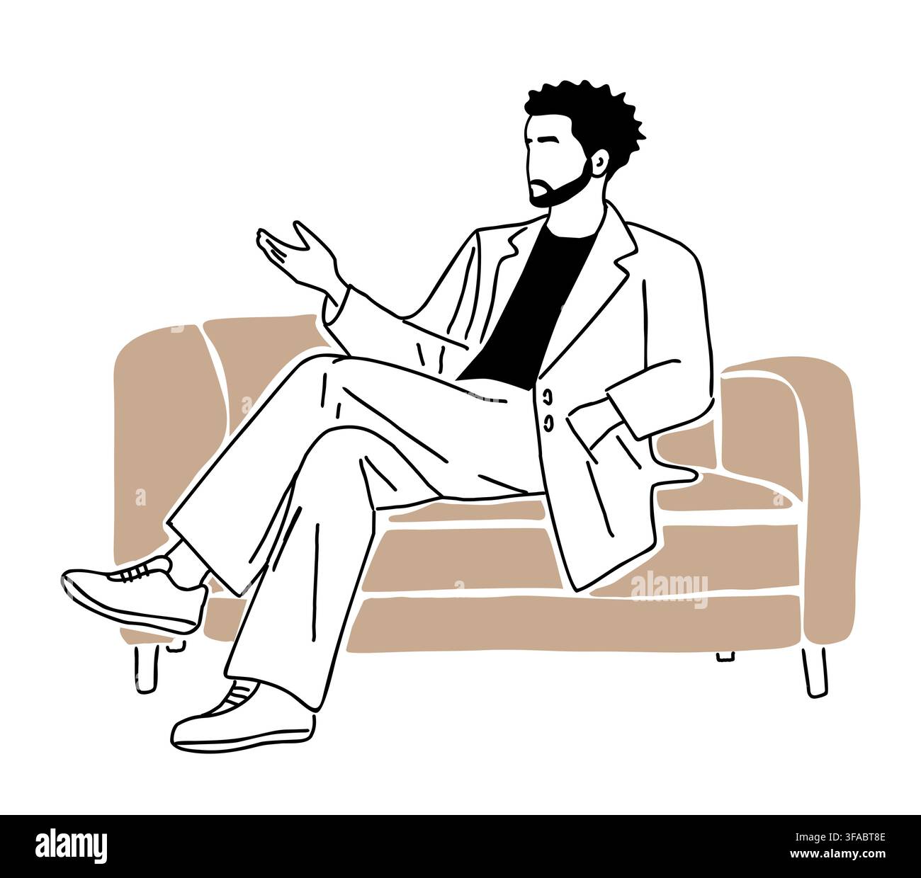Man sits relaxed on couch, gesturing thoughtfully Stock Vector