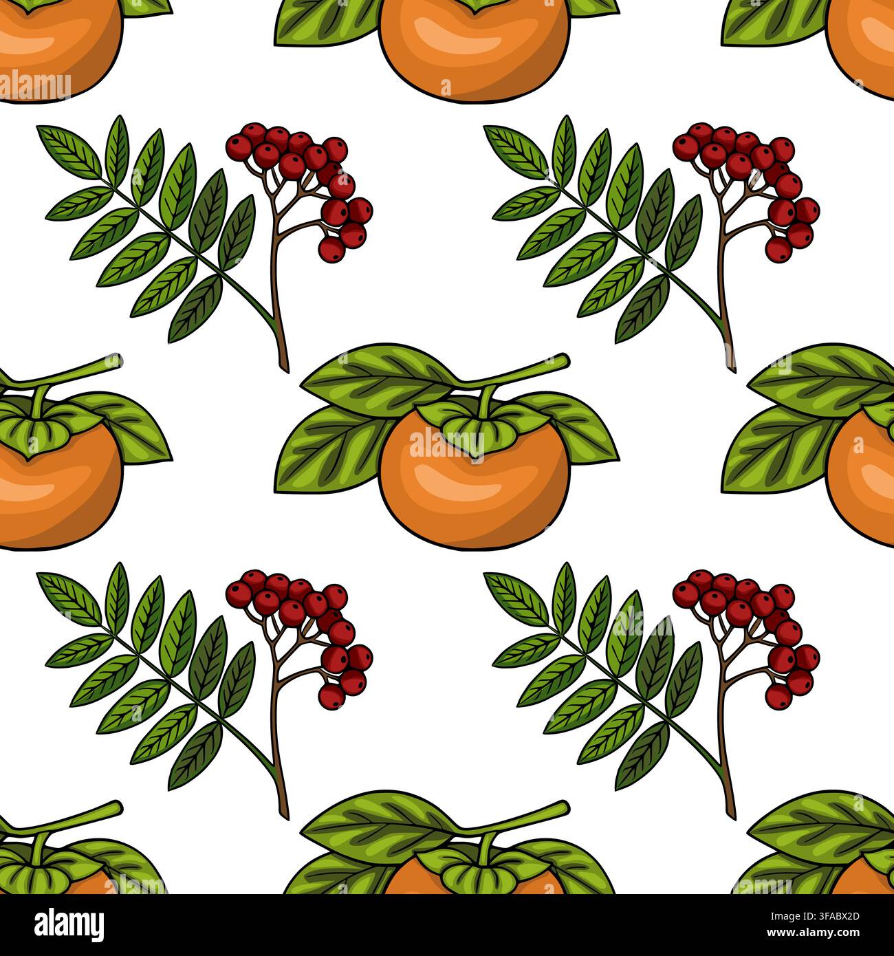 Chuseok autumn seamless pattern vector with orange persimmon fruits and red rowan berries Stock Vector