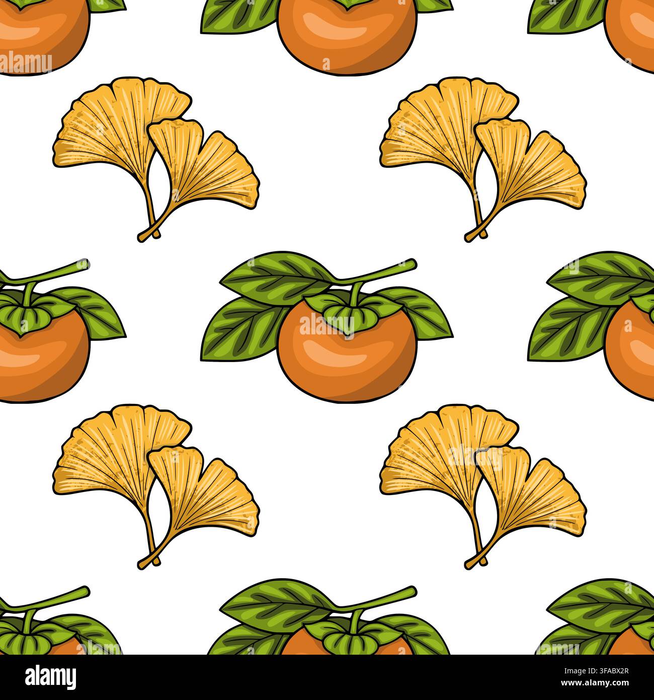 Chuseok holiday seamless pattern with vector persimmon fruits and ginkgo leaves Stock Vector
