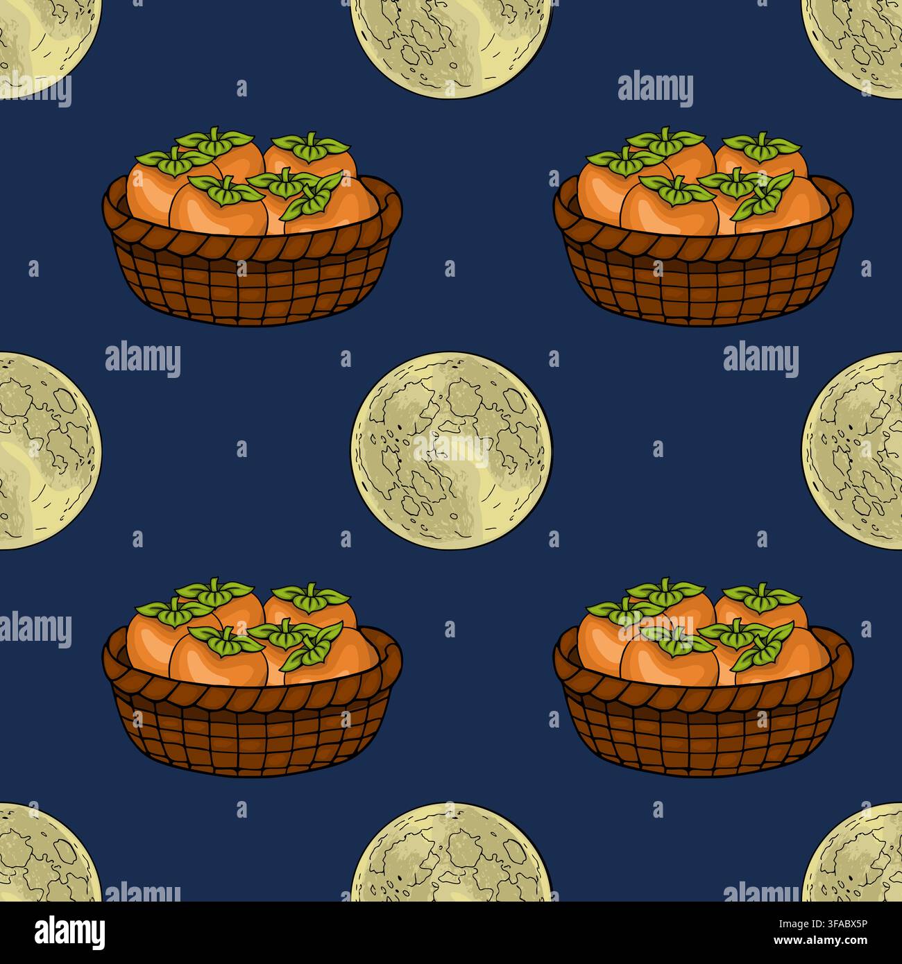 Chuseok seamless vector pattern with persimmon baskets and full moon on dark blue background Stock Vector