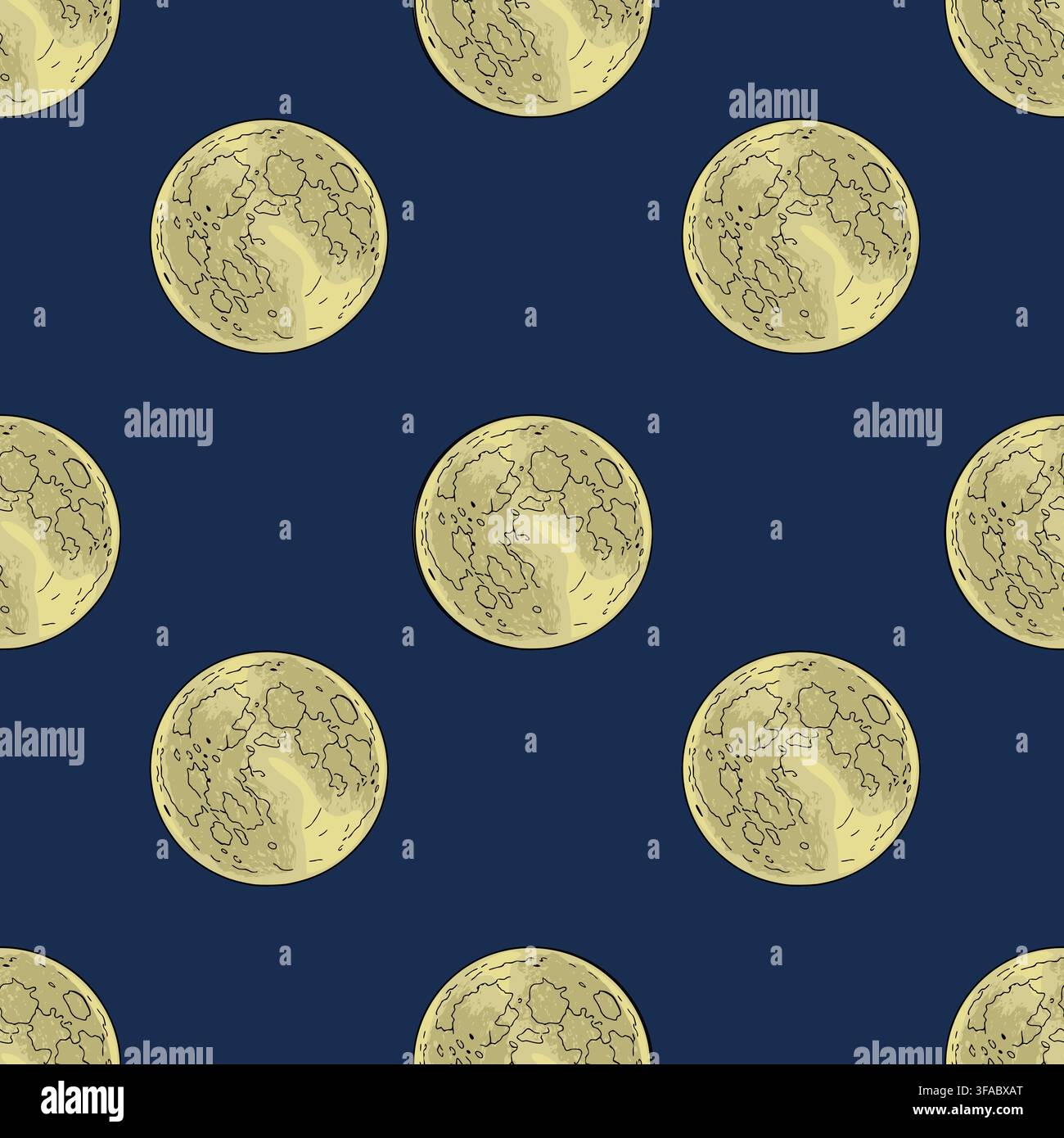 Seamless vector pattern with hand-drawn yellow full moon illustrations on a dark blue background Stock Vector