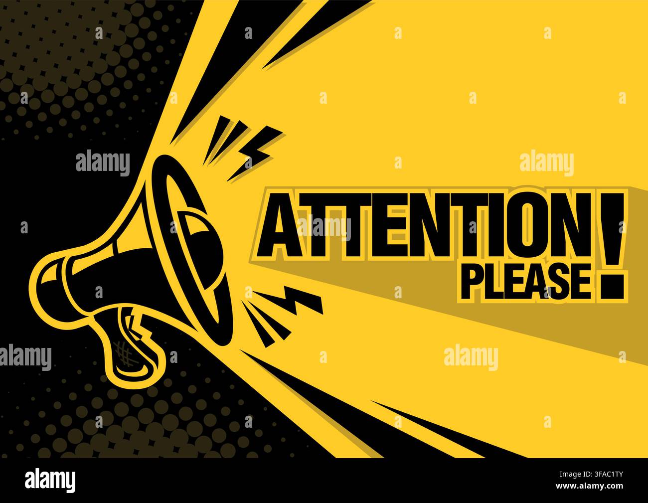 Attention please. Black loudspeaker, megaphone with lightings on yellow background. Vector simple template for copy you text Stock Vector