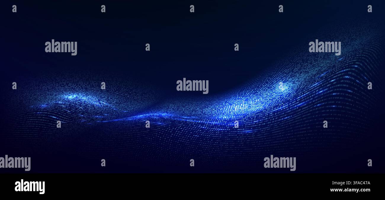 Digital particle wave transforms into flowing data streams. Stock Vector