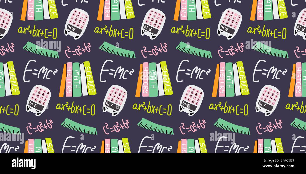 Math and science school supplies doodle dark pattern for notebook backgrounds Stock Vector