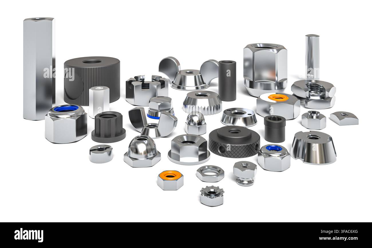 Collection 3d steel nuts on white Stock Photo