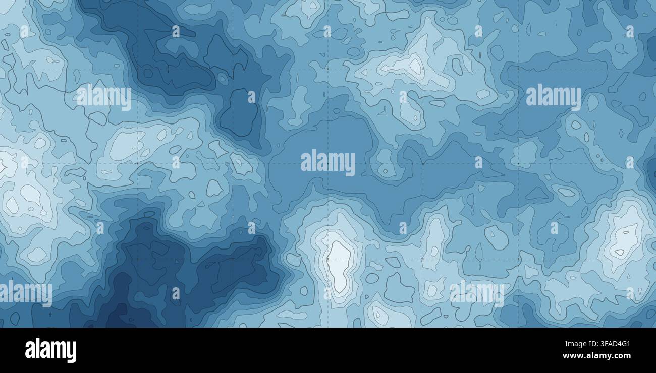 Topographic map showing terrain elevation contours in blue Stock Vector