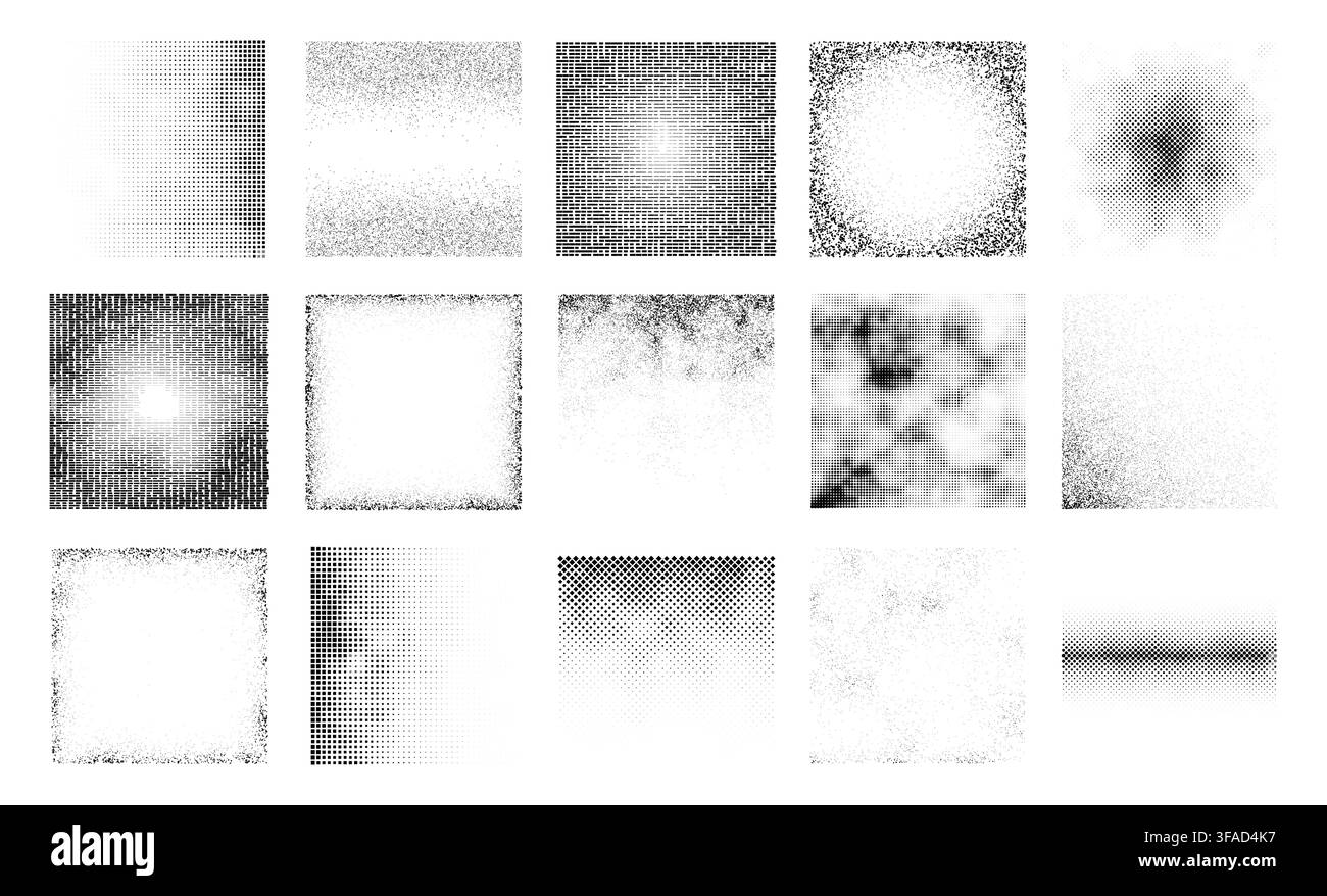 Halftone and grain textures set with various patterns Stock Vector