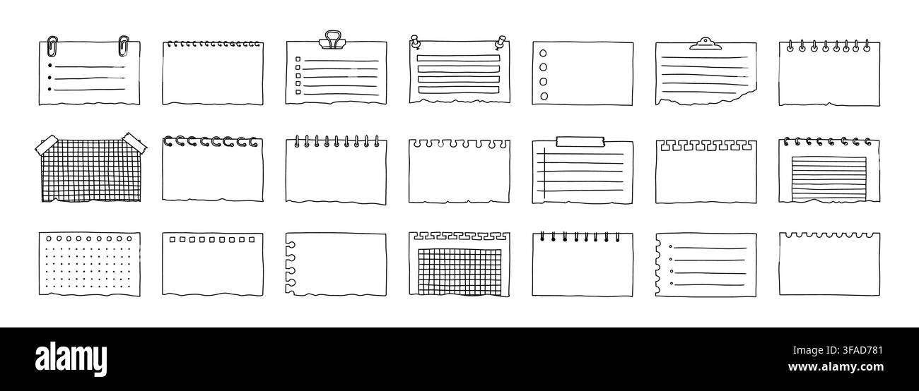 Doodle paper note. Memo notepad. Hand drawn sticky notebook, list board, frame with torn paper corner, reminder for schedule with lined, grid patterns Stock Vector