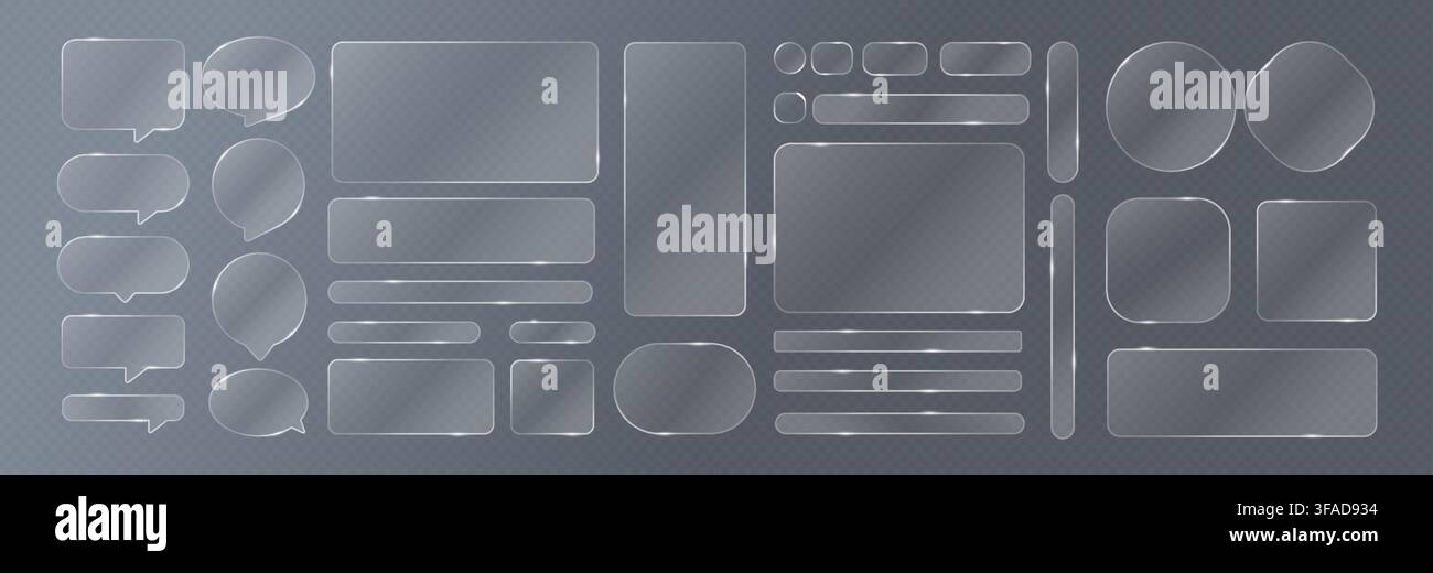 Transparent glassmorphism elements. Glass morphism effect. Overlay liquid UI UX interfaces, glossy frame, box, title, rounded shape, button, bar Stock Vector
