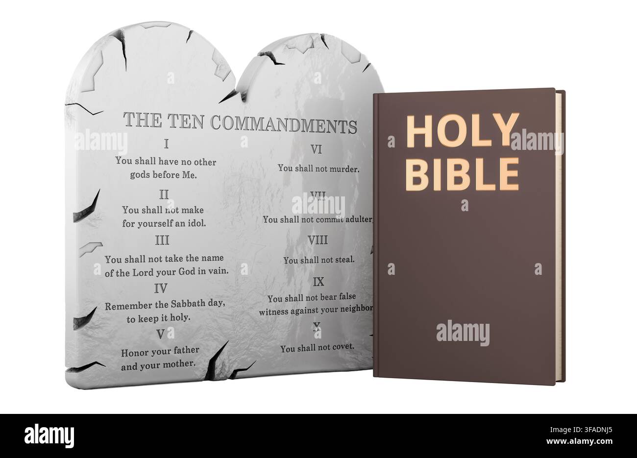 Ten Commandments stone tablets with Holy Bible. 3D rendering isolated on white background Stock Photo