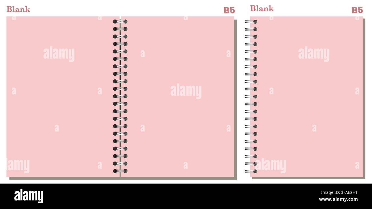 Set of pink blank B5 spiral pages has black side and center coils, clean rectangular sheets, and gray shadows. Useful for sketching, classwork, project planning, or editable layouts Stock Vector