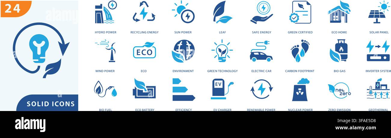 green energy solid icon set collection for eco friendly, clean power, environment, renewable technology, and sustainability design elements. Stock Vector