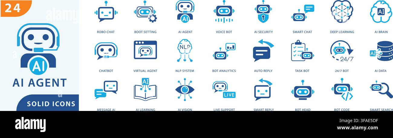 ai agent solid icon set featuring chatbot, virtual assistant, artificial intelligence, machine learning, natural language processing, and other Stock Vector