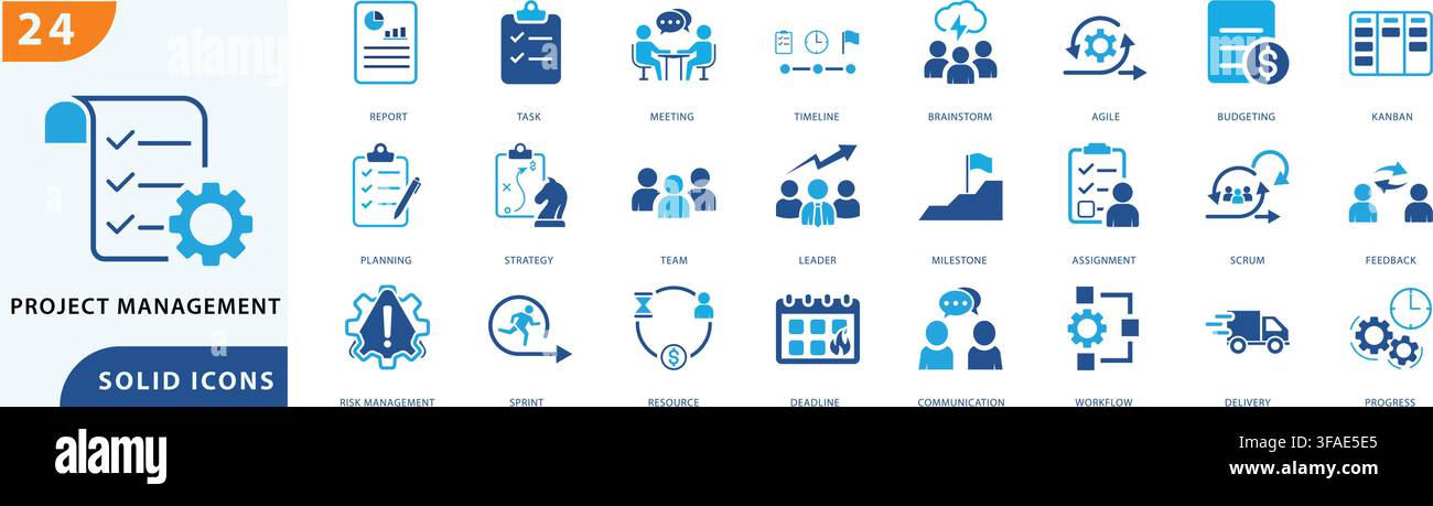 project management solid icon set collection for business, planning, workflow, agile development, and team strategy design elements. Stock Vector