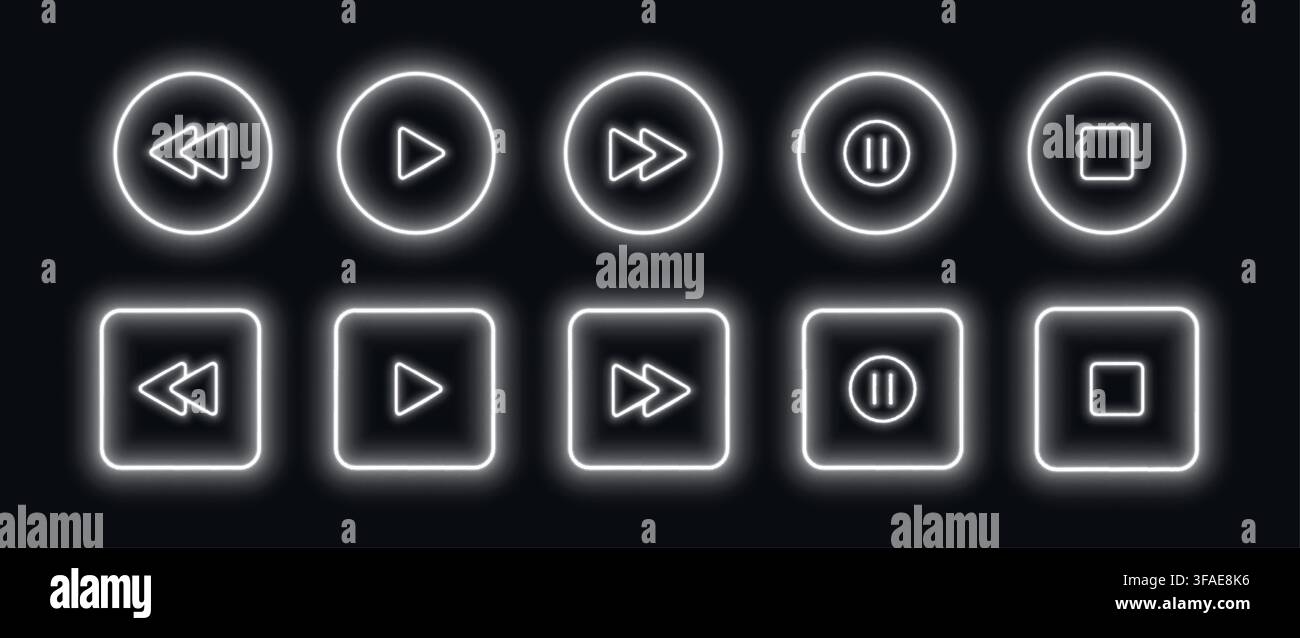 Neon media player buttons. White glowing audio control icons. Stock Vector
