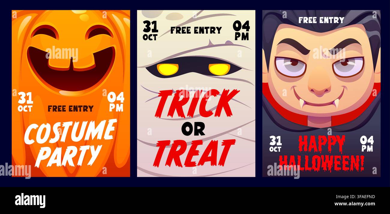 Halloween party flyers with monster faces Stock Vector