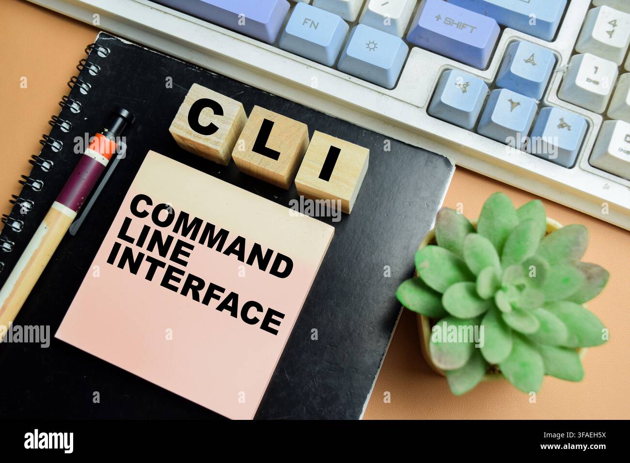 Concept of CLI - Command Line Interface write on sticky notes isolated on table. Stock Photo