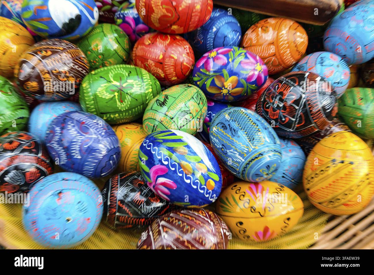 Many decorated Easter eggs, top view. Festive tradition Stock Photo