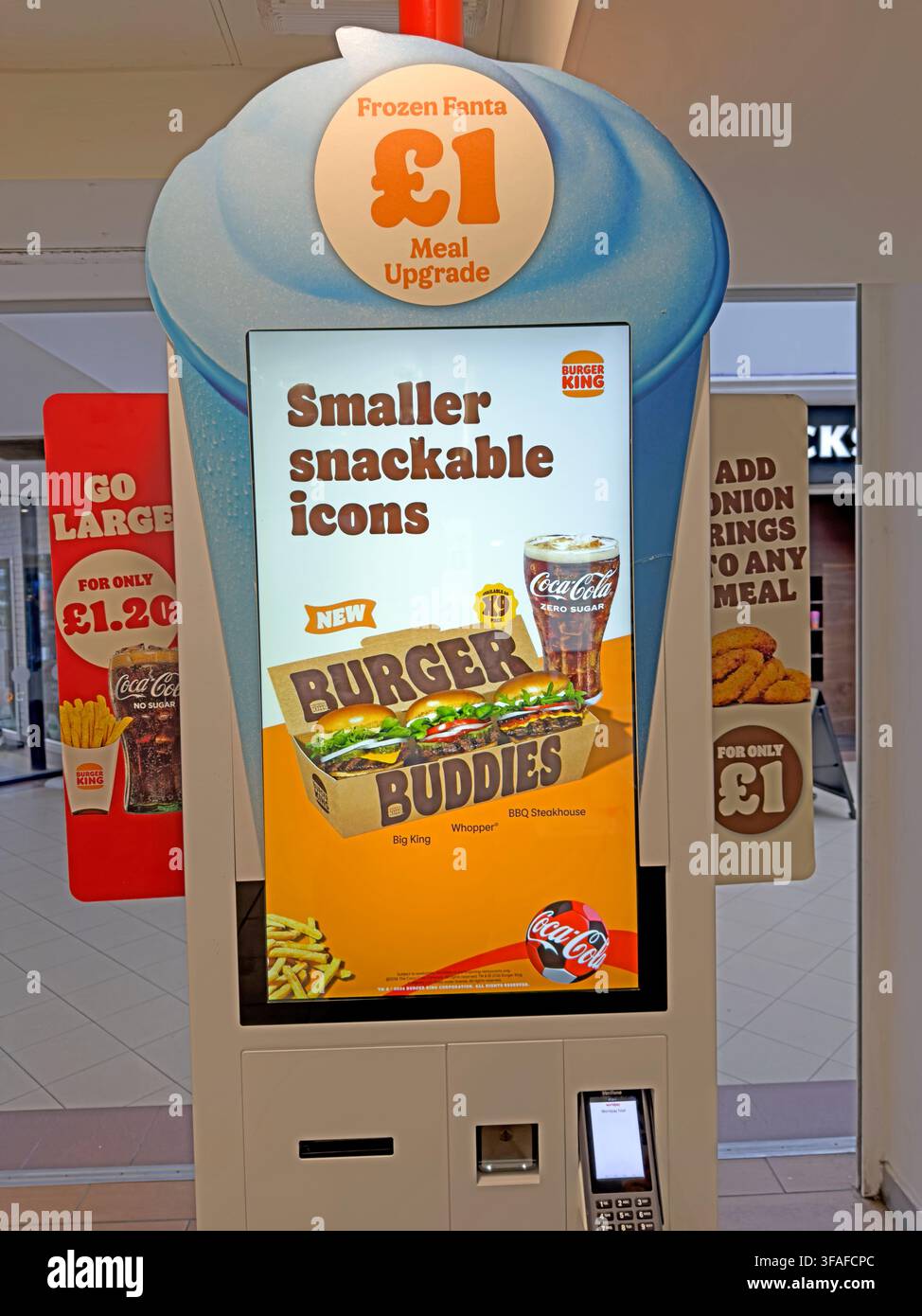 Burger King £1 promotional display at M74 motorway services near Gretna Green, advertising smaller snackable menu items to travellers. Stock Photo
