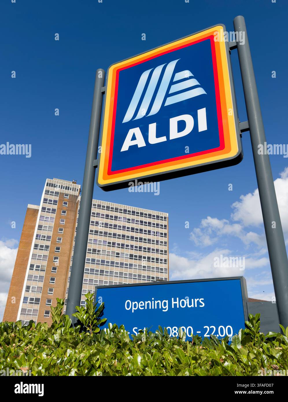 Aldi supermarket sign at 15 Albert Street in Eccles town centre, Salford, reflecting the growth of German discount grocery retail in Britain. Stock Photo