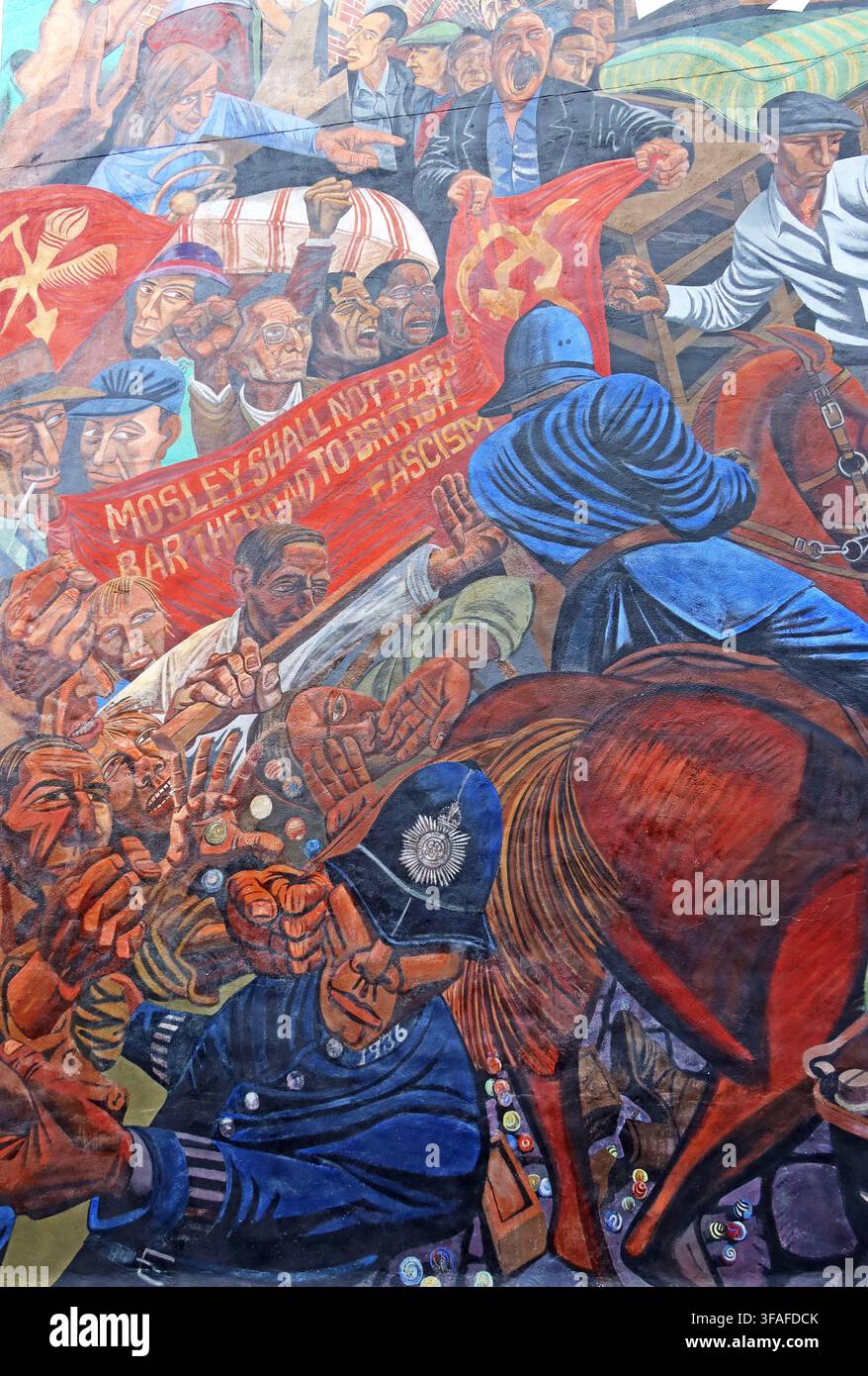 Detail of the Battle of Cable Street mural referencing Mosley and 'They Shall Not Pass', Tower Hamlets, East London, UK. Stock Photo